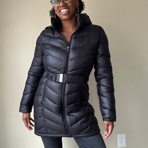 Calvin Klein Black Belted Longline Hooded Puffer Jacket Size Small